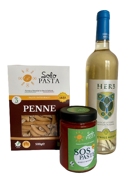 Pachet Penne integrale uscate, sos paste roșii și busuioc, vin alb sec Domeniile Averești