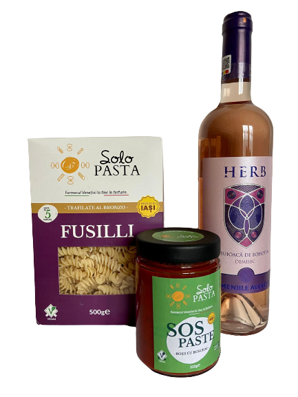 Pachet Fusilli uscate, sos paste roșii și busuioc, vin rose demisec Domeniile Averești