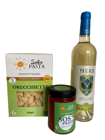 Pachet Orecchiette uscate, sos paste roșii și busuioc, vin alb sec Domeniile Averești