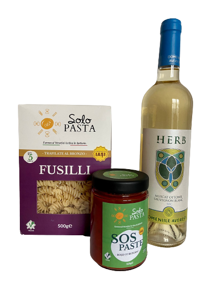 Pachet Fusilli uscate, sos paste roșii și busuioc, vin alb sec Domeniile Averești